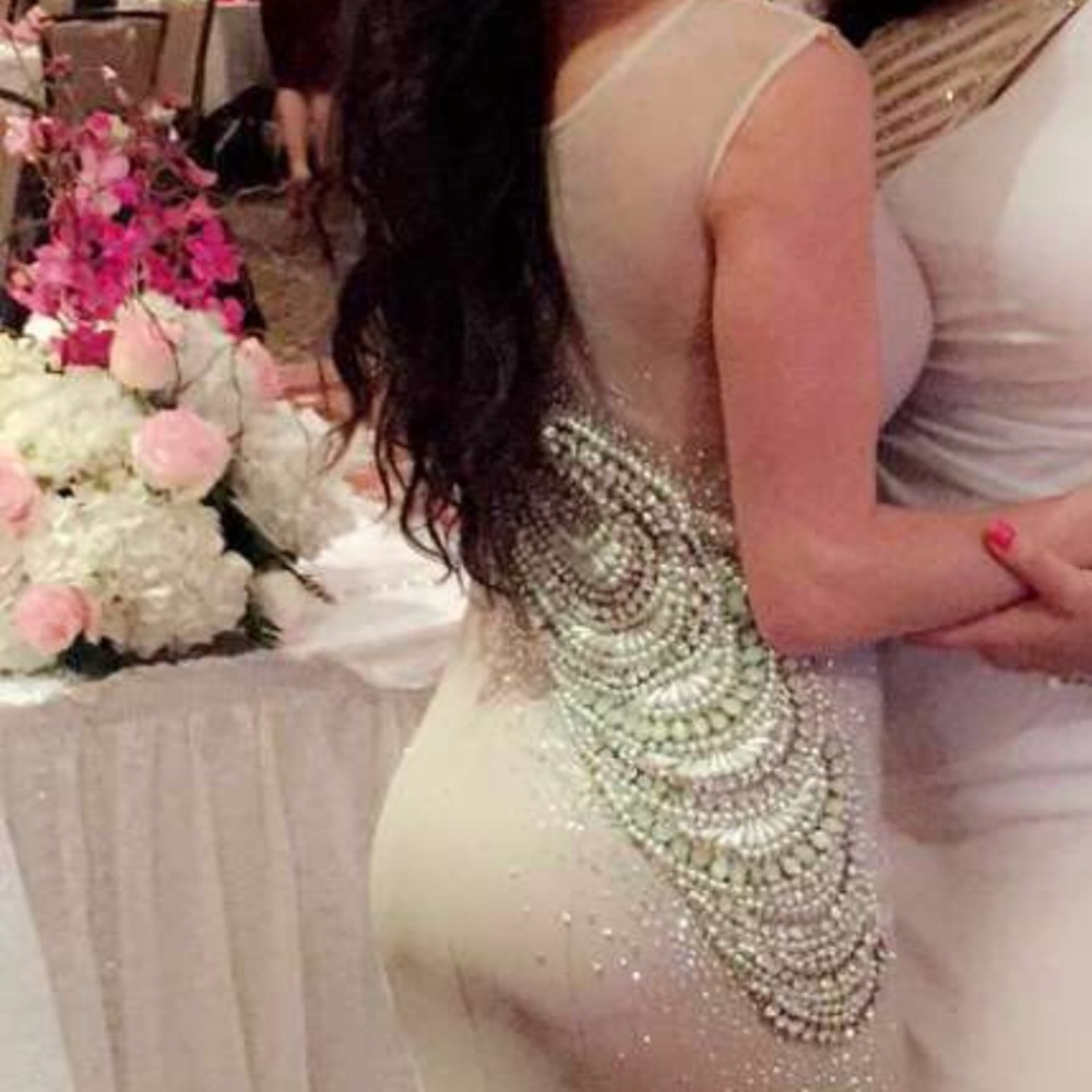 Nude/ beige evening gown. Crystal and bead size6